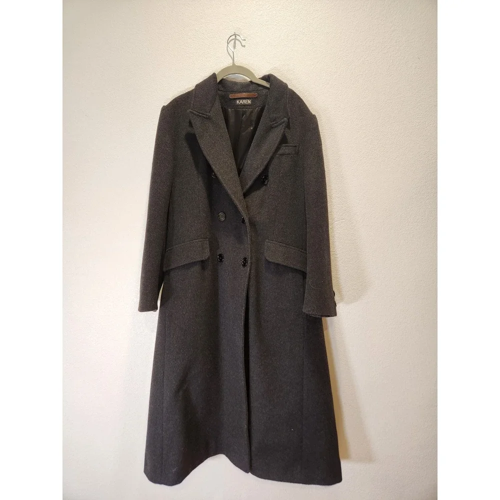 vtg Vintage KAREN Womens Wool Cashmere Long Coat Charcoal Double Breasted 44